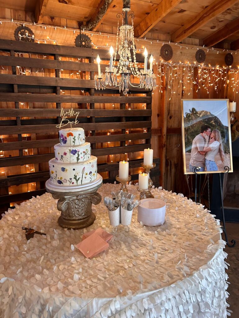 Three teir wedding cake in a barn venue under a chadiler. Dessert recipe.