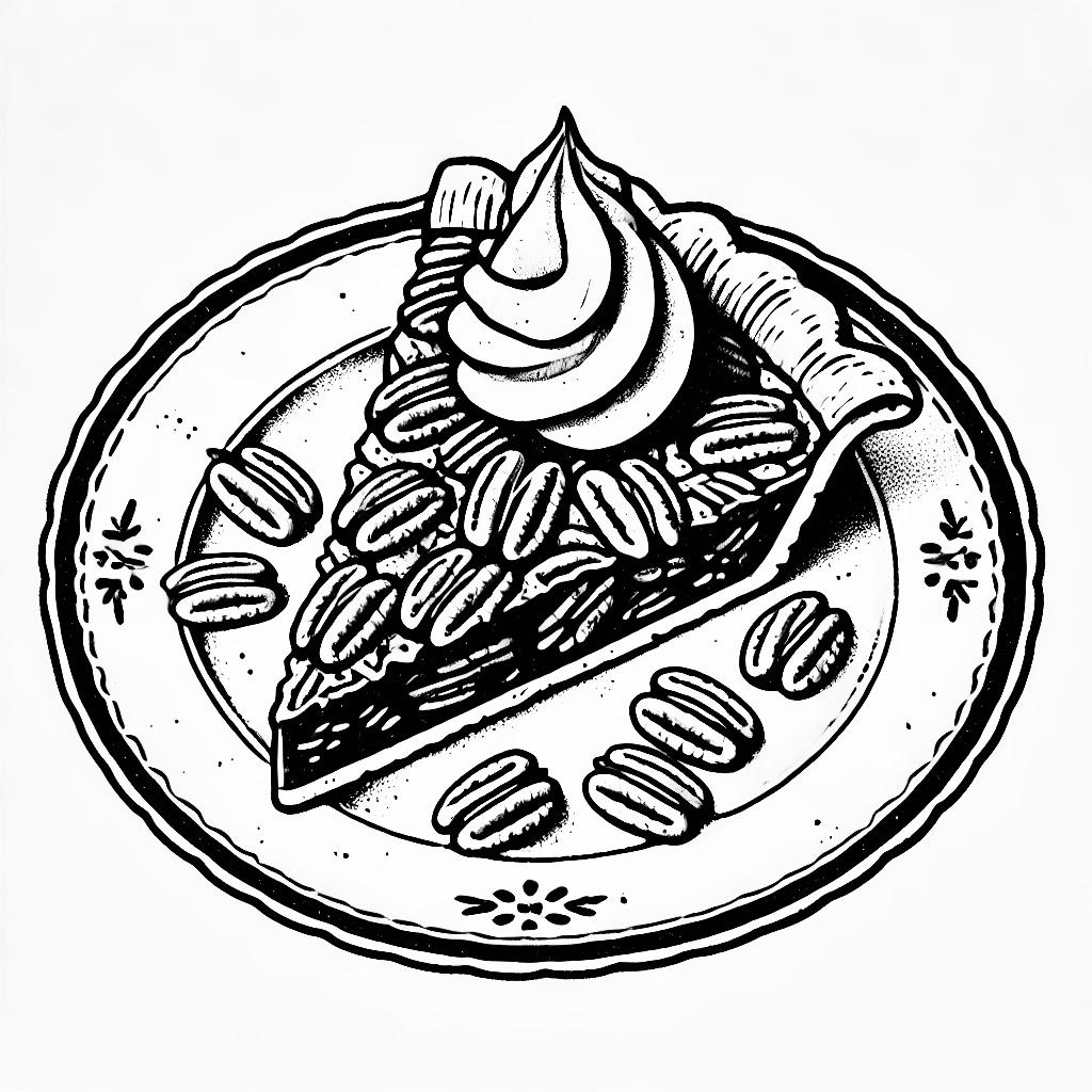 This is a drawing of a slice of pecan pie on a china plate with a dolope of whipped cream on top. Pecan Pie Cow and Girl