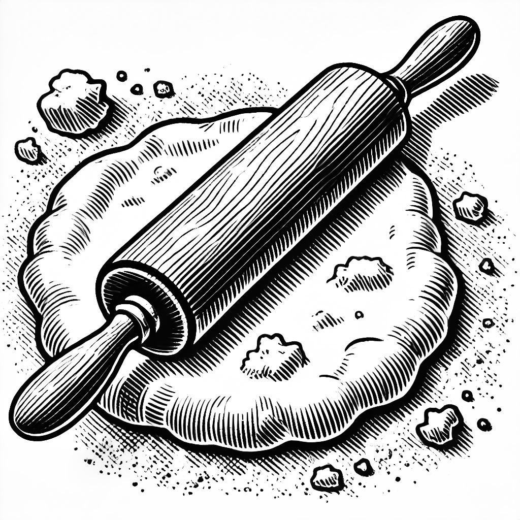 This image is a balc and whit drawing of a rolling pin rolling out a pie crust.