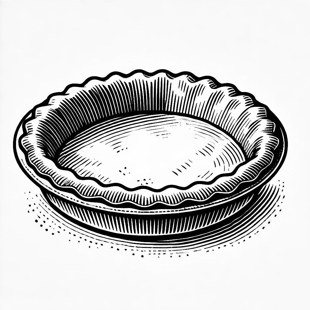 This is a black and whit drawing of a pie crust that has been place into a pie plate and is ready to be baked or filled.