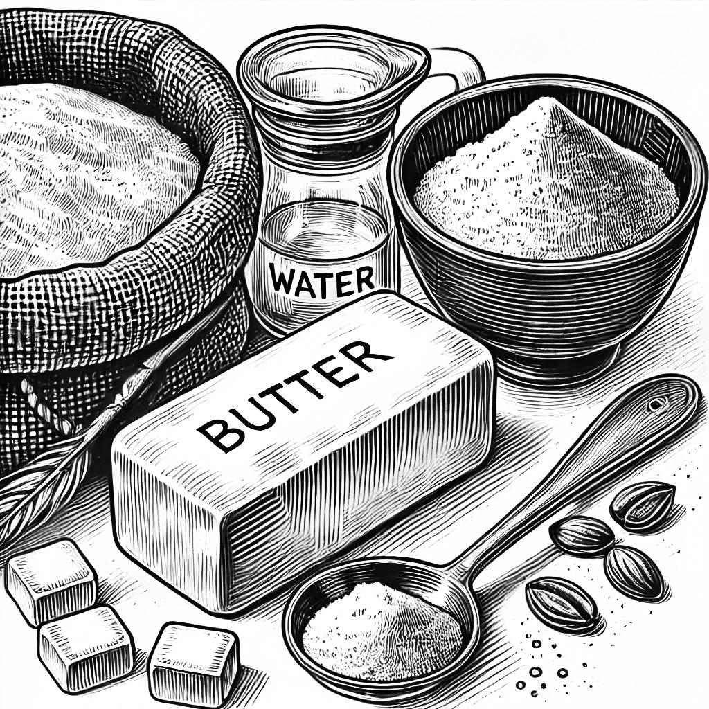 This is a black and white drawing of the ingredents needed to make a pie crust.