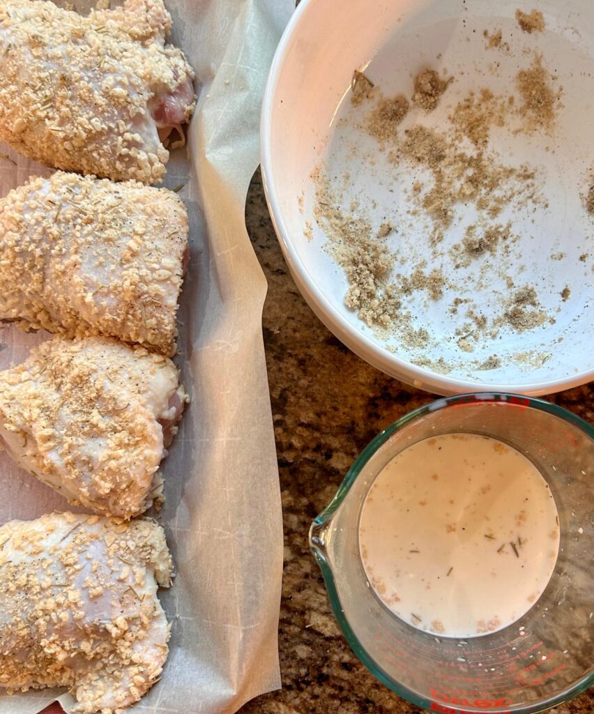 This image feature the milk wash and breading that the chicken thighs will be prepared with for the cripsy baked chicken recipe.