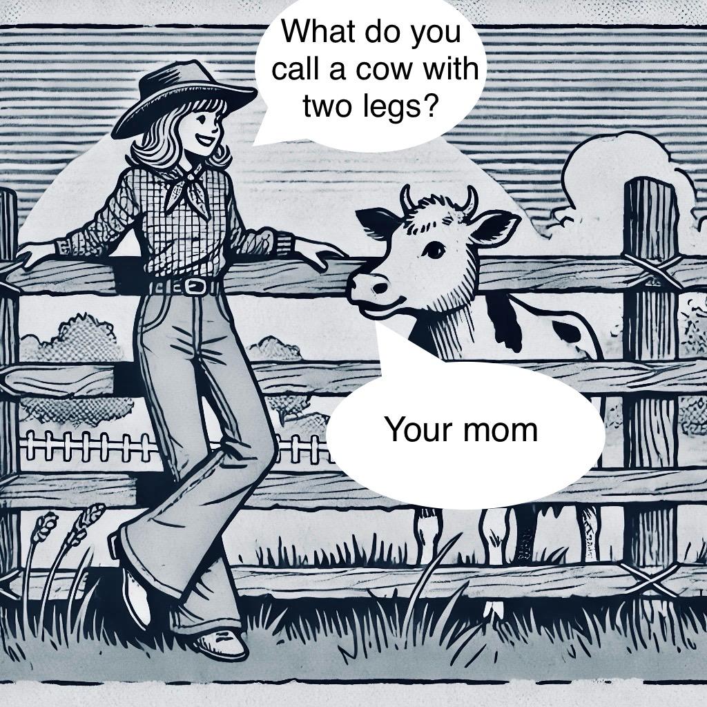 Cow and Girl telling jokes. the girl asks "What do you call a cow with two legs?" The cow respons "your mom."