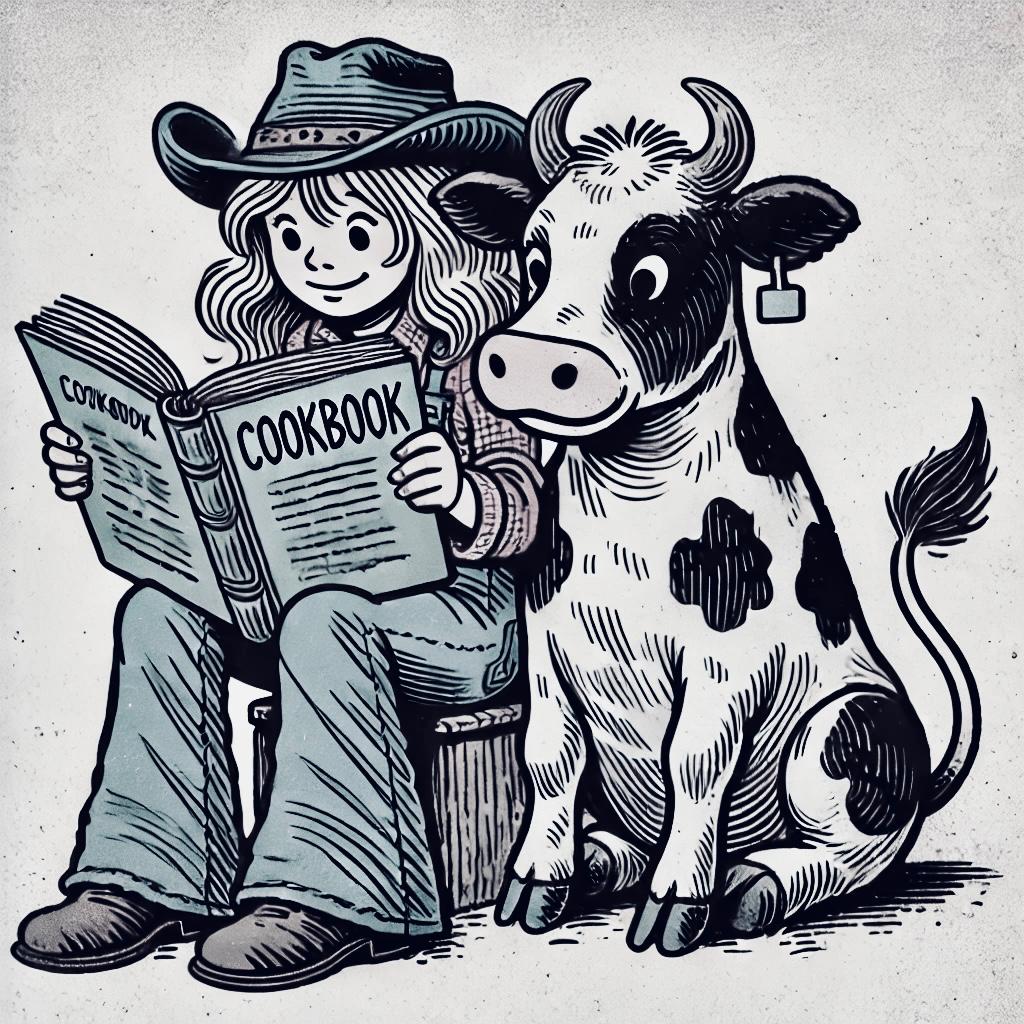 Cow and Girl searching through a cookbook to find the recipe they want.