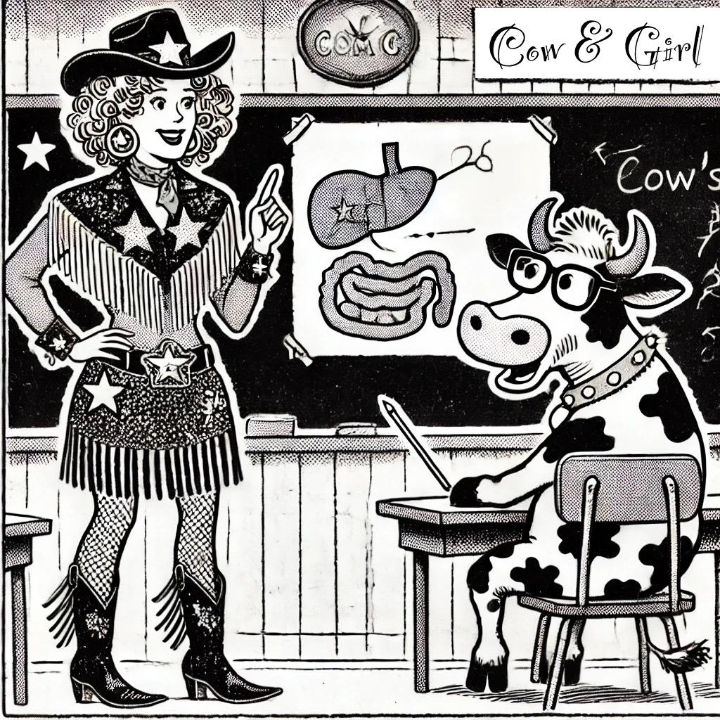 This is a comic style drawing of a cow and a girl in a class room setting. The Girl is teaching the cow about the stomach. There is a digram of a stomach to illistarte the girl's point that Sourdough is good for gut health.